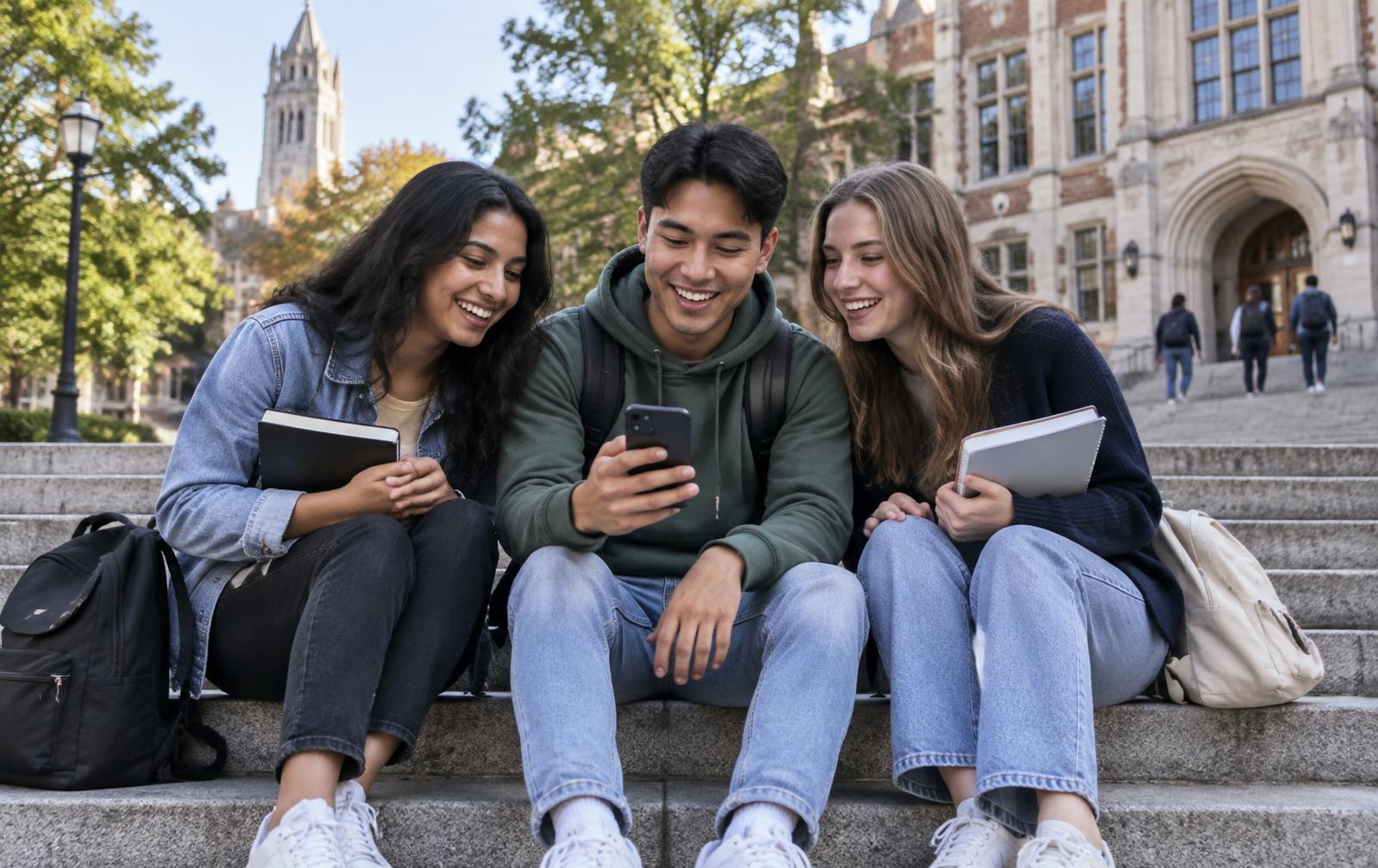 Three university students laughing together over a phone while sitting on campus steps