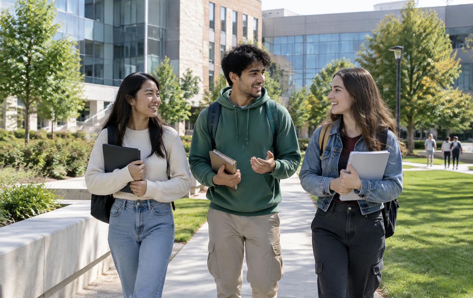Three university students walking outside a campus building with notebooks and a tablet