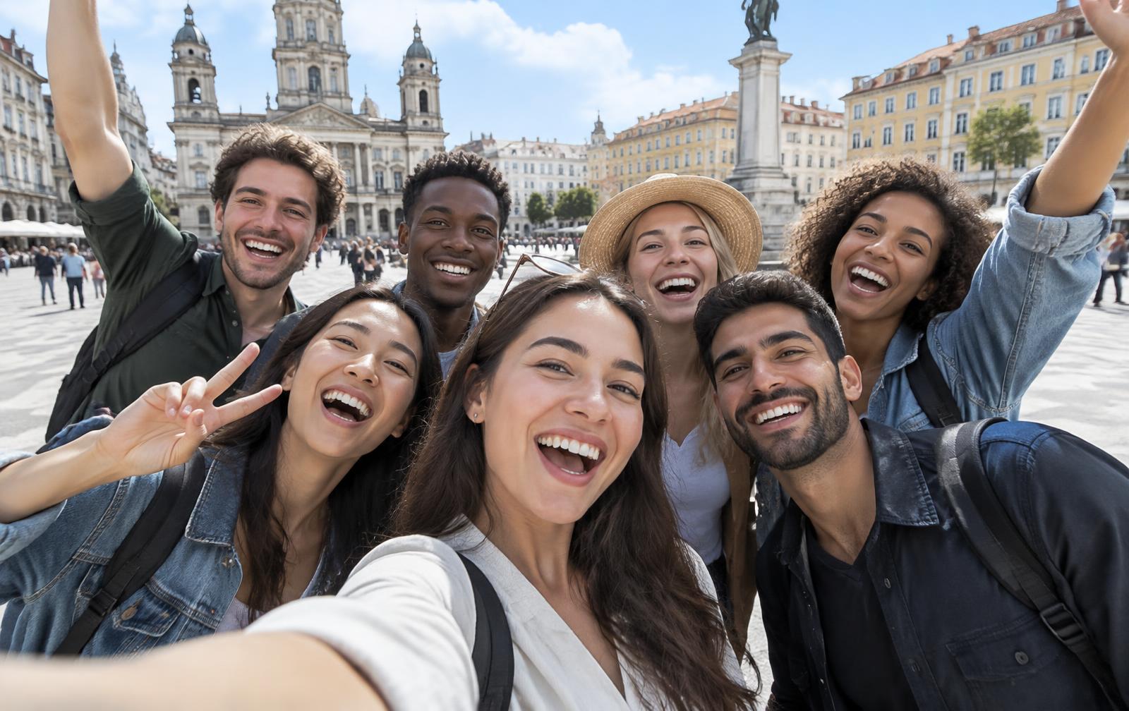 A diverse group of young friends laughing together while taking a selfie in a city square
