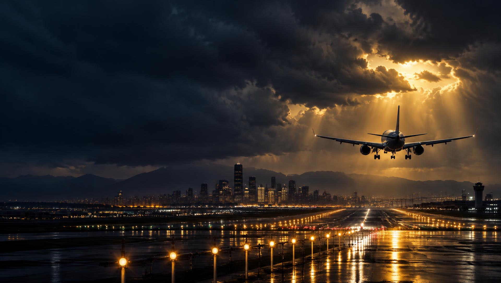 Airliner on final approach to a city airport at night with a wet, light-reflecting runway