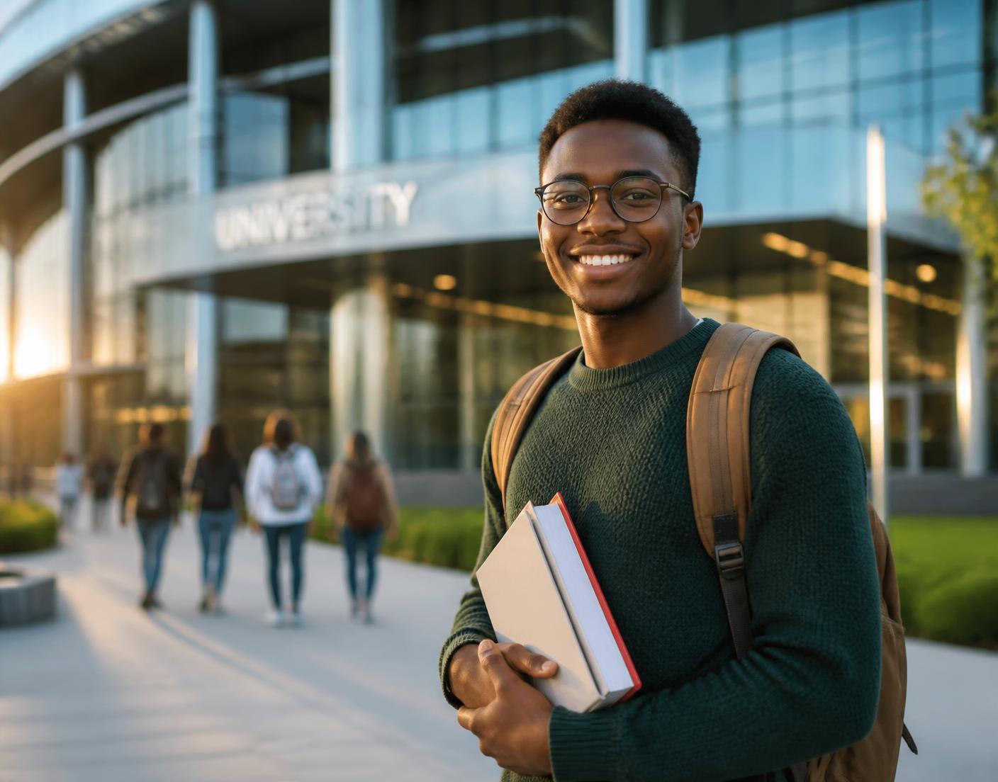 International student smiling on a university campus