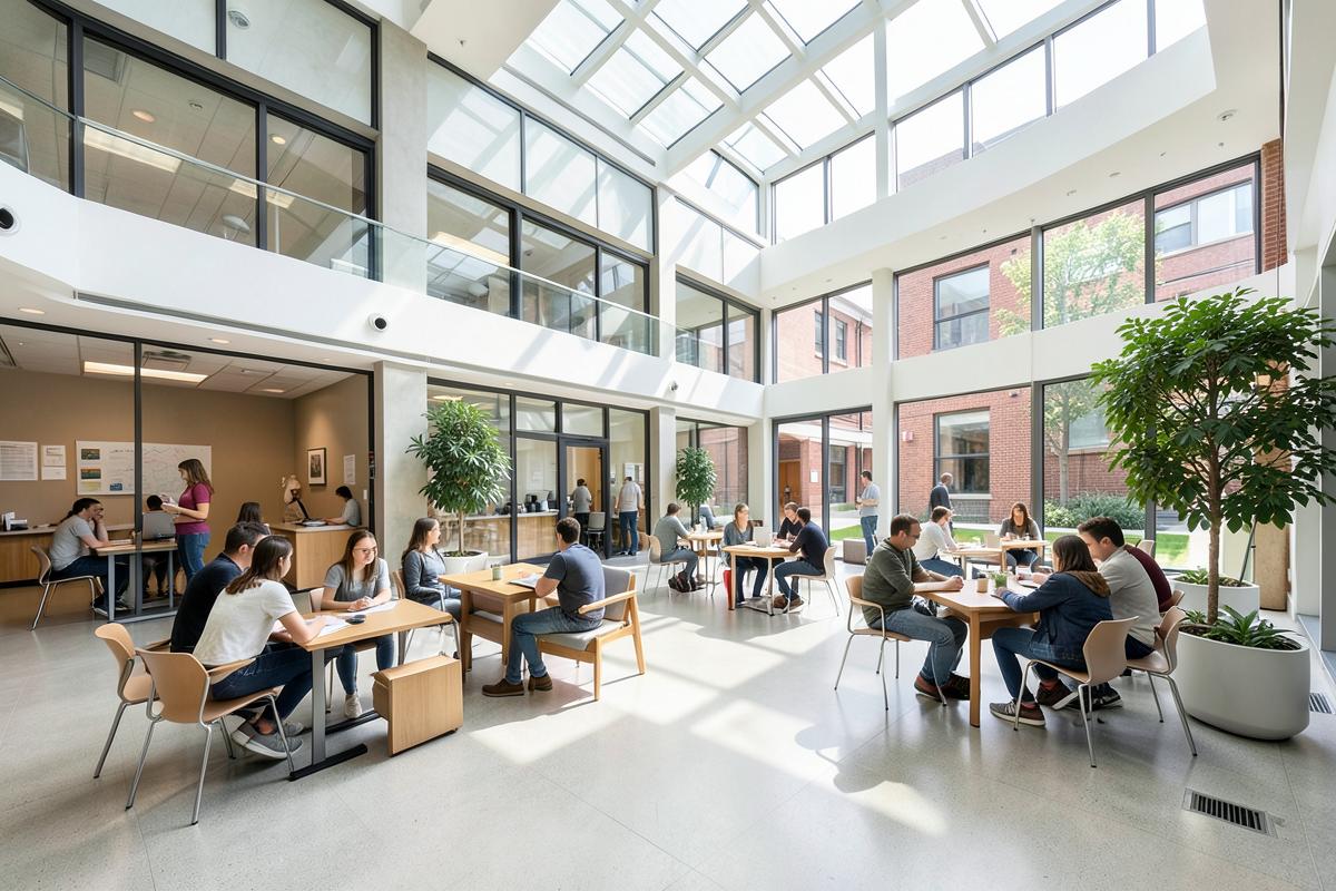 Students working and socialising in a bright university atrium common area