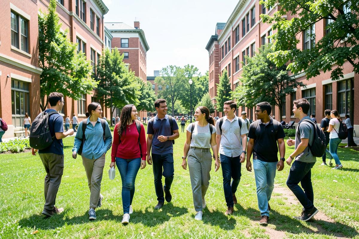 Students walking and talking together on university campus grounds on a sunny day