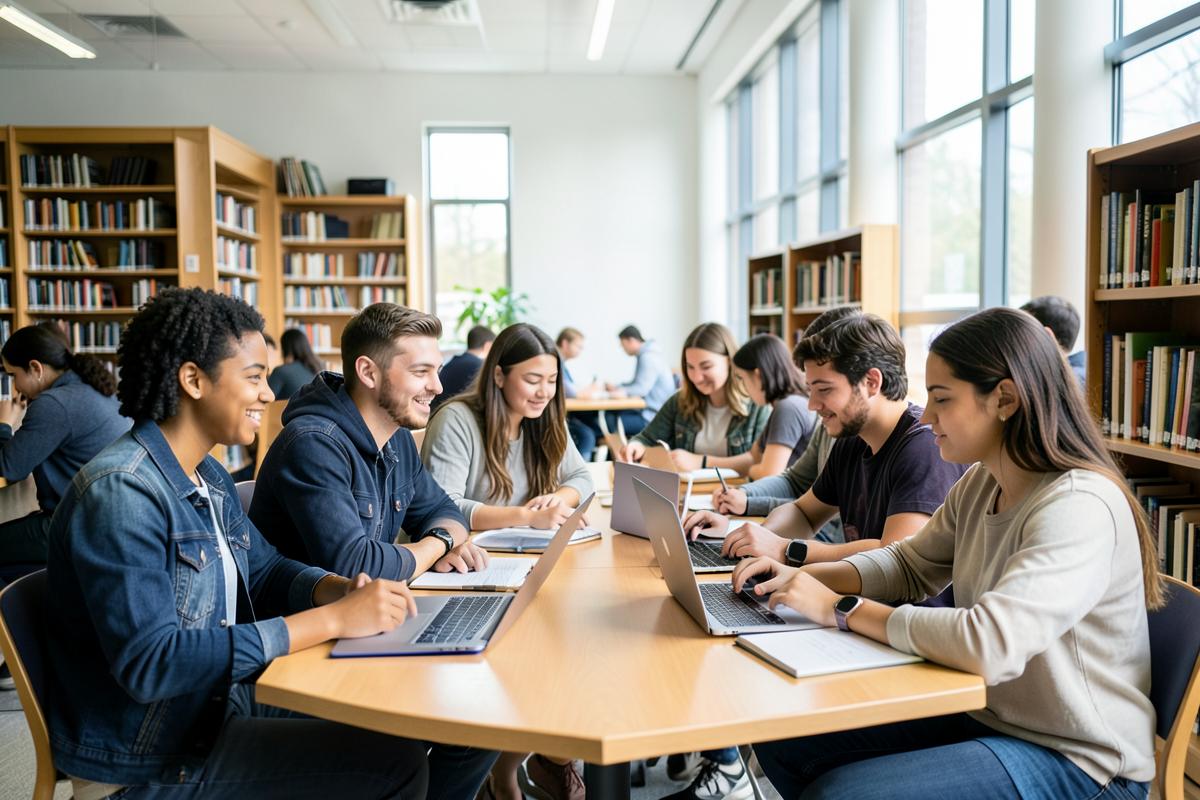 International students studying together with laptops and books in a university library