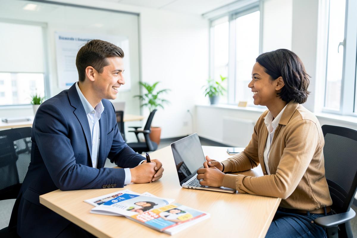 Education advisor going through documents with a client across a desk
