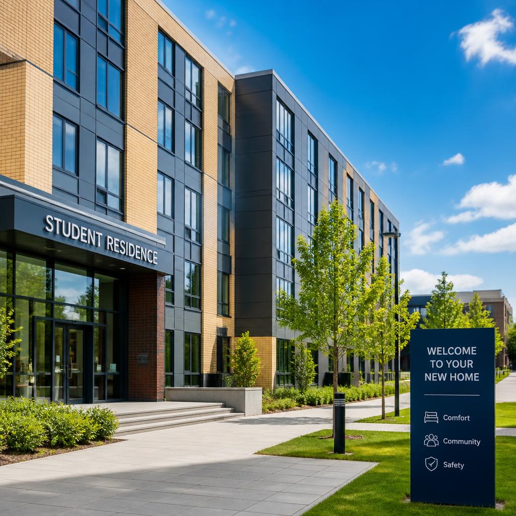 Modern student residence building on a university campus