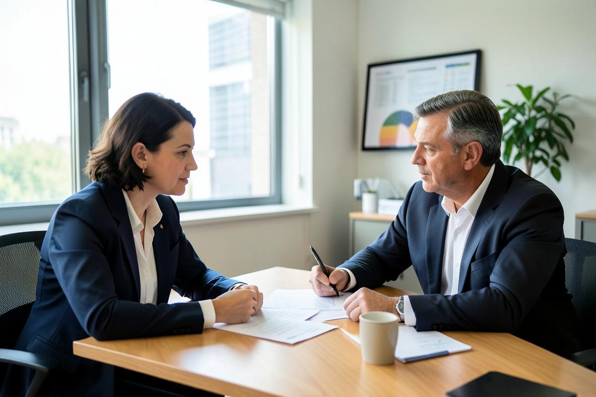 Immigration consultant reviewing paperwork with a client in an office meeting