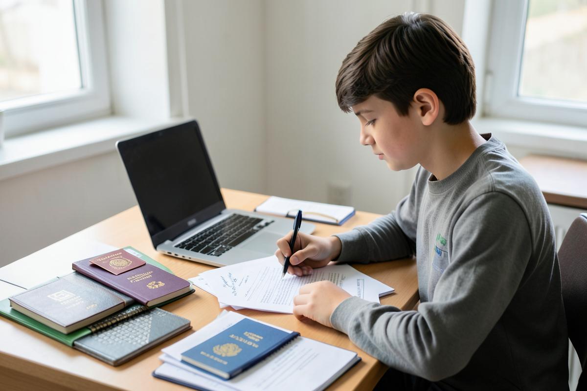 Student organising study documents, passport and application forms at a desk