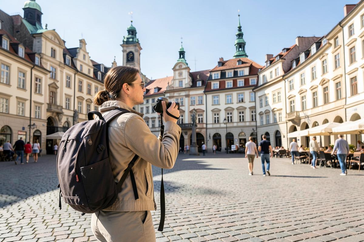 Tourist with a camera sightseeing in a historic city square