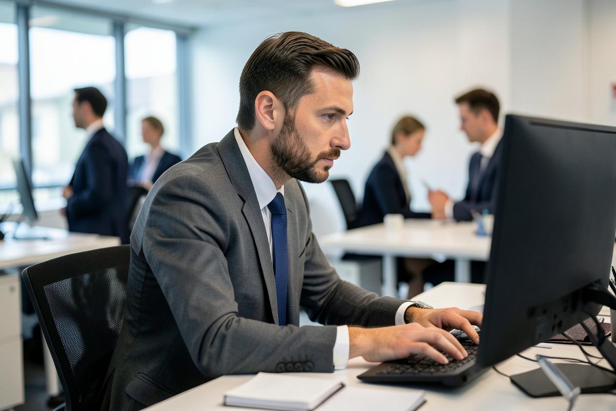 Professional working at a desk in a modern office