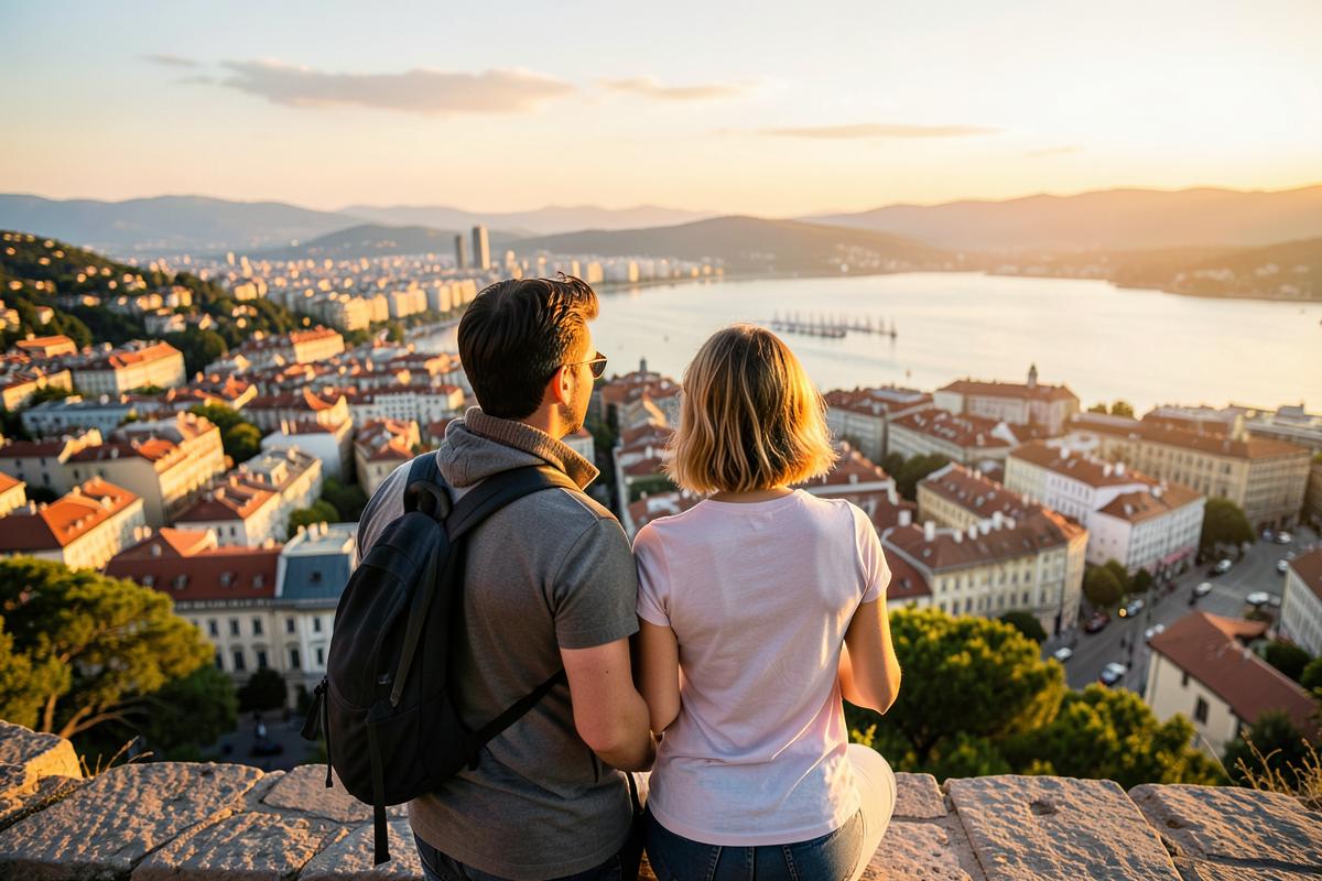 Couple on vacation looking out over a coastal city from a viewpoint at sunset