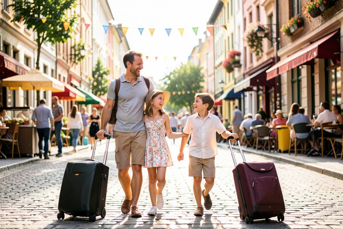 Family with two children walking with suitcases along a sunny street while on holiday