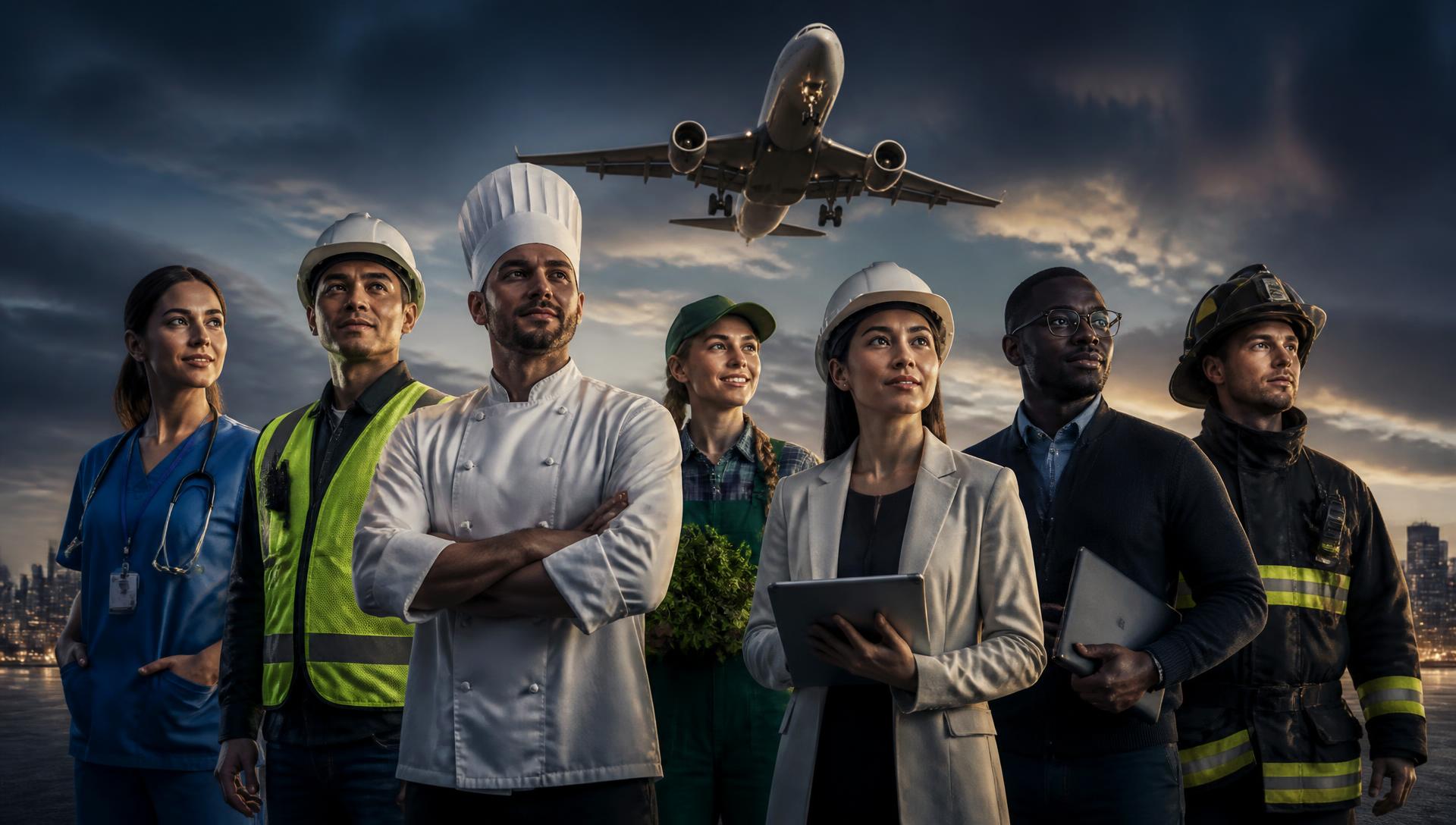 Workers from many professions — nurse, construction worker, chef, farm worker, engineer, IT professional and firefighter — with an airliner overhead