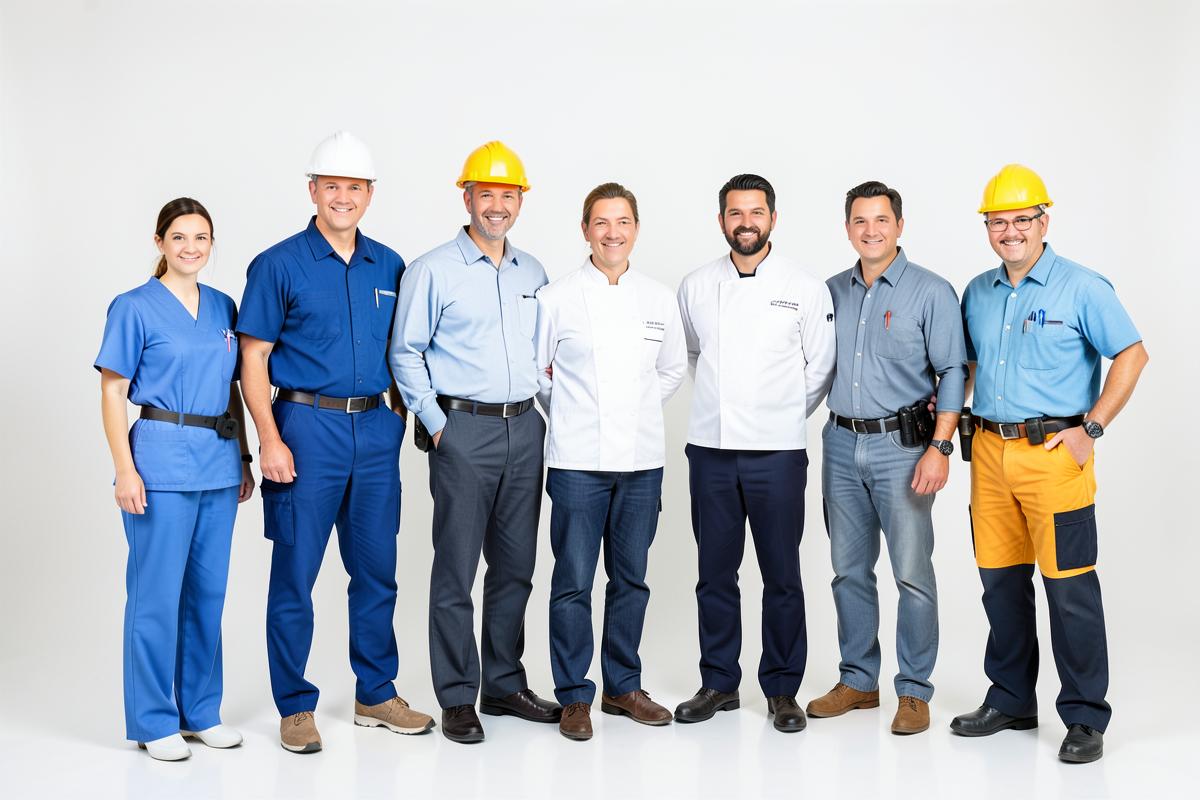 Diverse group of skilled workers from different professions including a nurse, engineer, chef and tradesperson