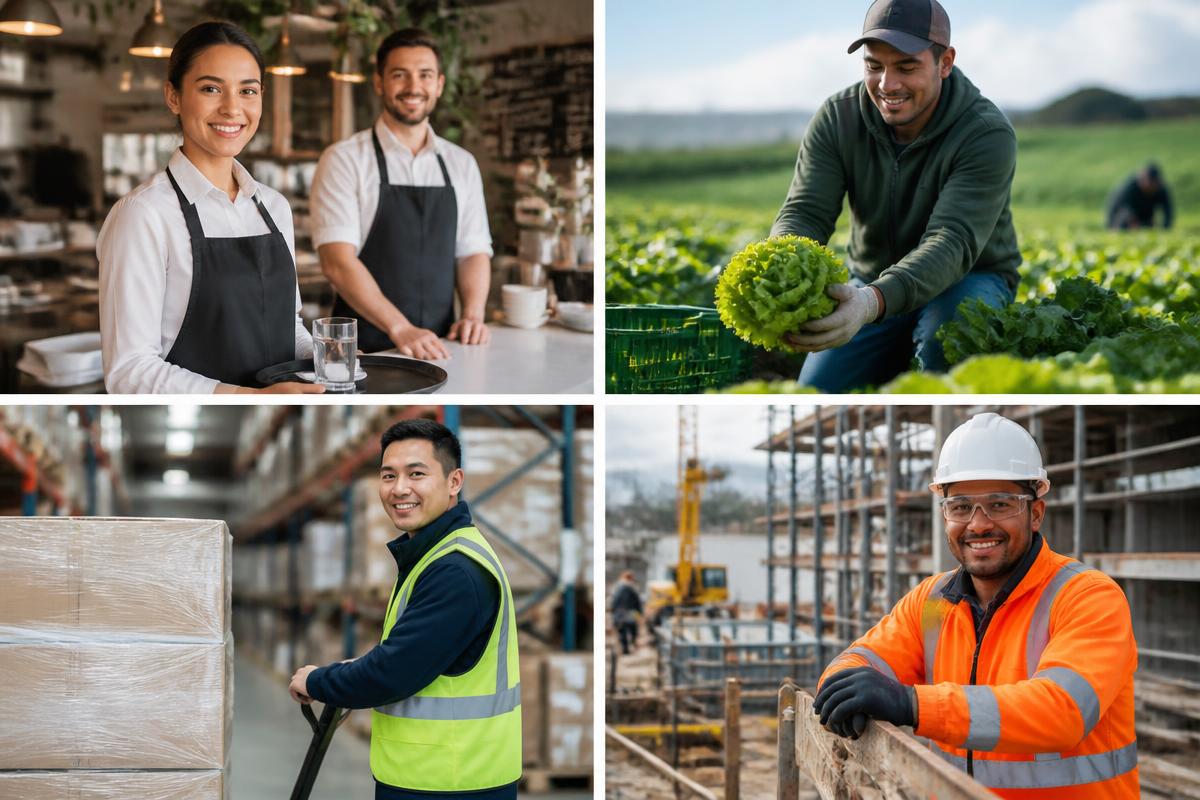Hospitality staff, a farm worker, a warehouse worker and a construction labourer at work