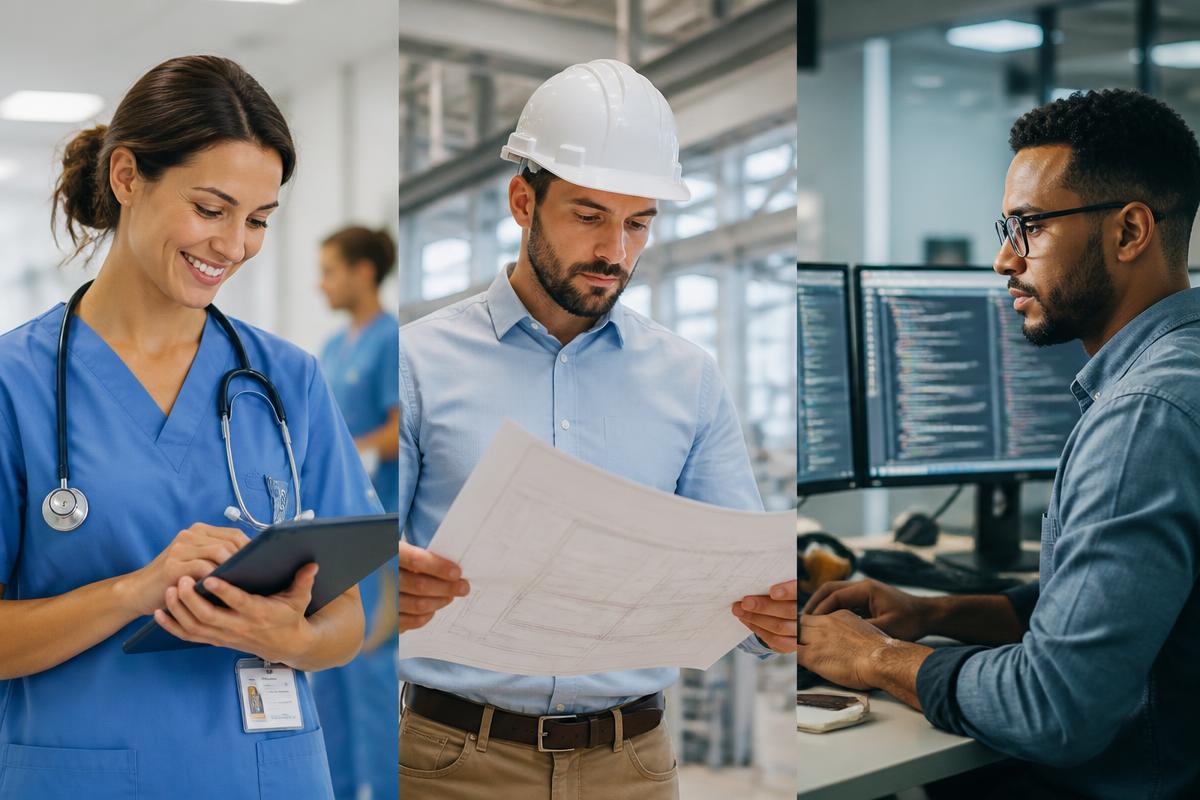 A nurse, an engineer reviewing plans and an IT professional at work